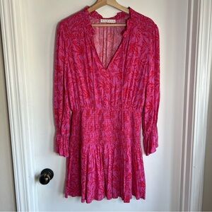 Karlie Pink Red Floral Girly Smocked Long Sleeve‎ Mini Dress, Size Medium